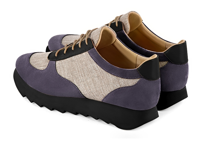 Women's lavender purple and satin black elegant sneakers. Round toe. Thick rubber soles - Rear view